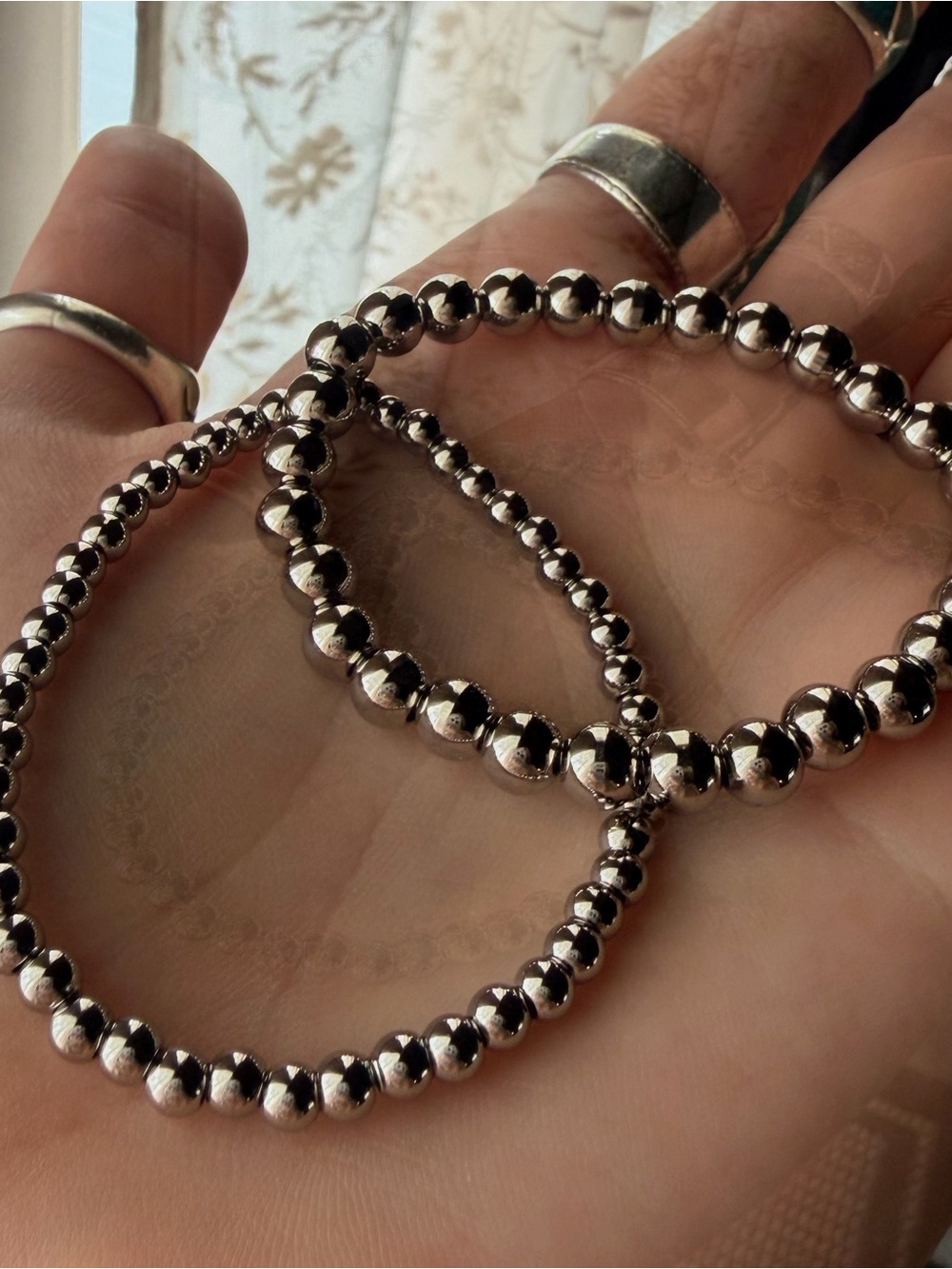 2 Round Stainless Steel Pearl Stretch Bracelets - 4mm & 6mm Pearls - Picture 3 of 3